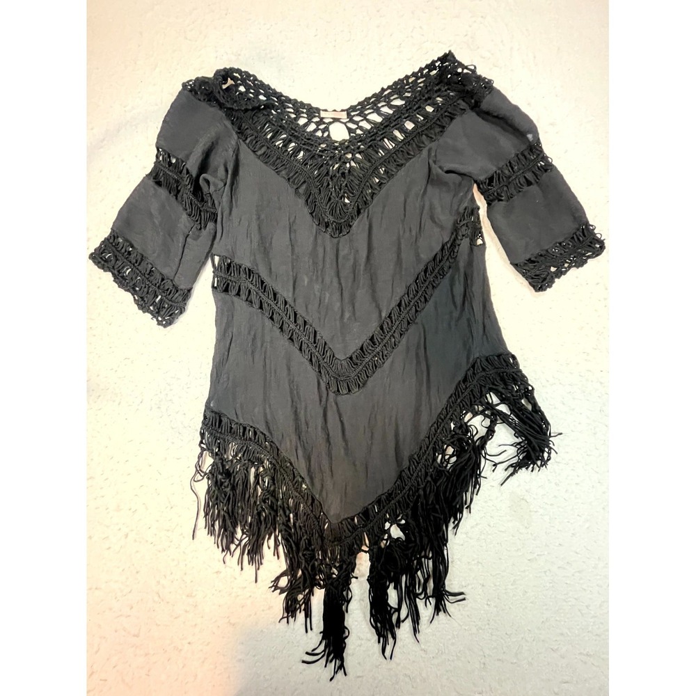 Choa Poncho Blouse Top Women One Size Black Cotton Crochet Fringe Beach Cover Up